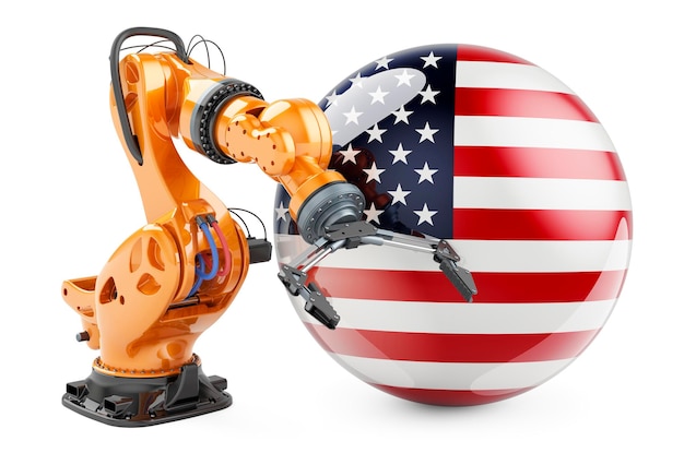 Robotic arm with the United States flag Modern technology industry and production in the USA concept 3D rendering