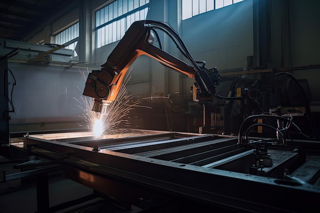 Robotic arm works on welding Conveyor line at factory Automatic welding Created with Generative AI