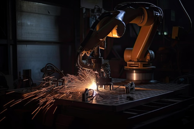 Robotic arm works on welding Conveyor line at factory Generative AI