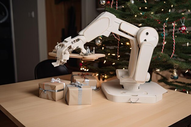 Robotic arm wrapping presents and placing them under the tree created with generative ai