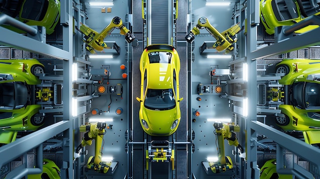 Robotic Arms Assemble Green Sports Car on Automated Production Line in a Modern Factory