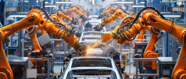 Robotic arms assembling a car on a production line epitomizing precision and automation