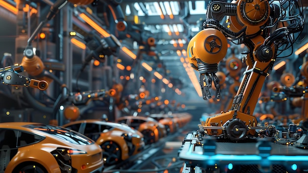 Robotic Arms Assembling Cars in a Futuristic Factory Automation in Action