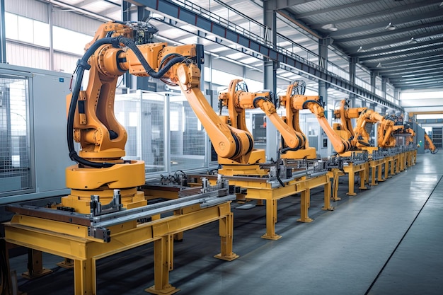 Robotic arms on the assembly line Automated conveyor on factory Created with Generative AI