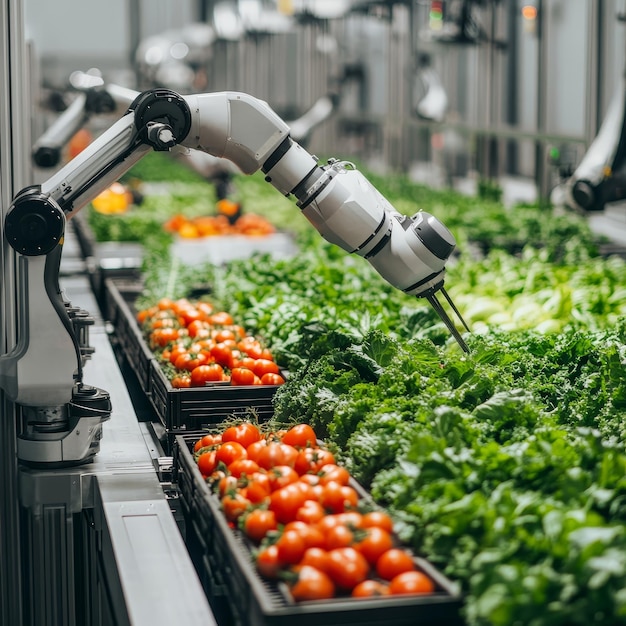 Photo robotic arms in fresh produce packaging process