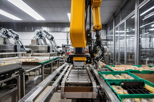 Photo robotic arms packaging chips in food factory