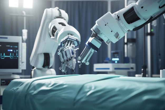 Robotic arms performing precise surgery representing medical technology innovation and precision