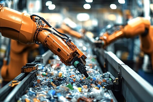 Photo robotic arms sorting plastic bottles on conveyor belt in recycling plant