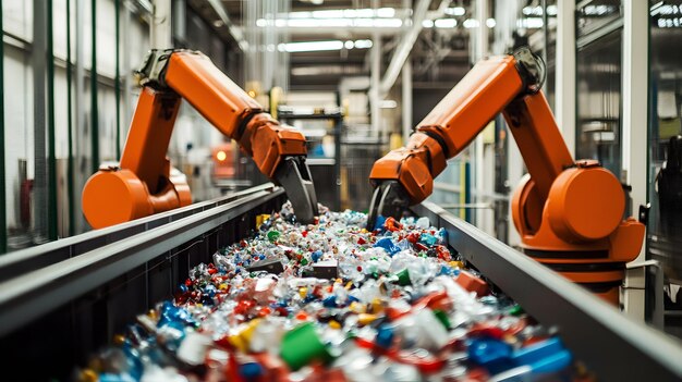 Photo robotic arms sorting recyclables in automated facility