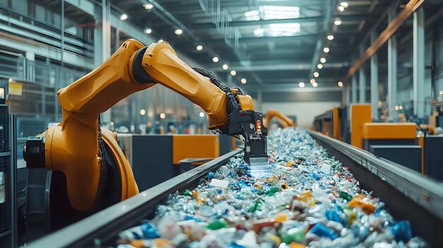 Photo robotic arms sorting recyclables in automated facility