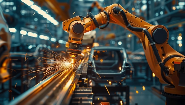 Photo robotic arms welding cars in industrial factory representing ai integration in global autom industry