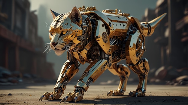 A robotic cat made of gold with a sleek powerful design stands on a dusty street a postapocalyptic cityscape looming in the background