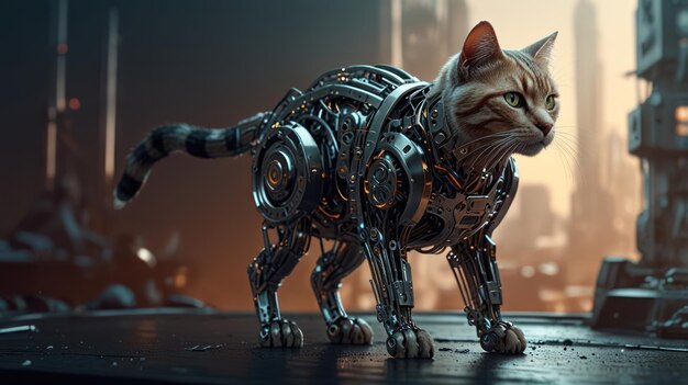 Photo a robotic cat stands on a metal platform in a futuristic city