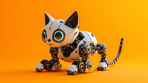 Photo a robotic cat with glowing blue eyes sits on an orange background