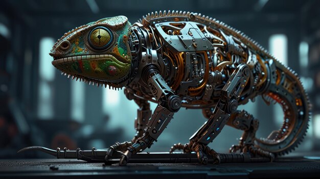 A robotic chameleon with intricate gears and metallic body standing on a workbench in a workshop