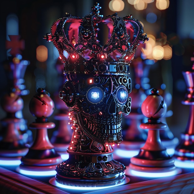 Robotic chess king with a mechanical crown and LED eyes on a bioluminescent board