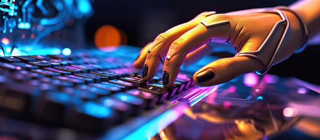 Robotic cyborg hand pressing a keyboard on a laptop