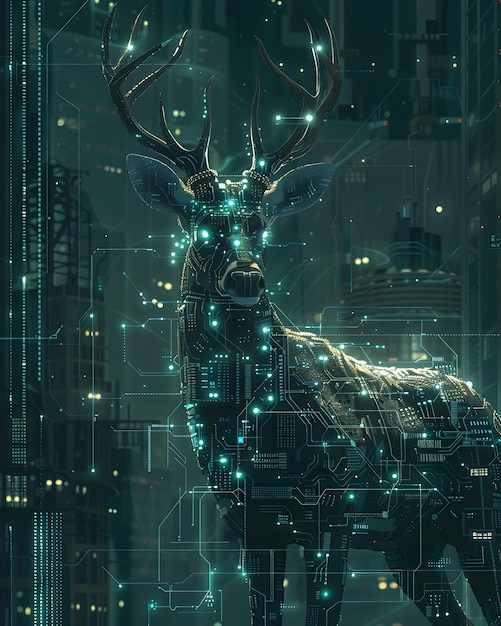 Photo robotic deer analyzing digital schematics in dramatic chiaroscuro lighting