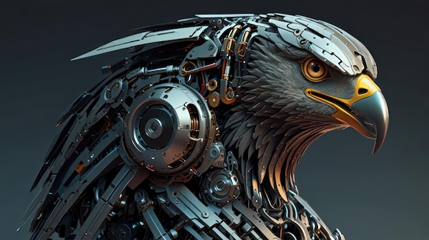 Photo a robotic eagle head with detailed metal gears cogs and wires against a dark grey background