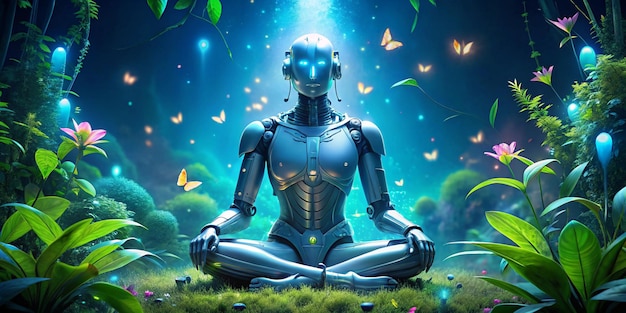 A robotic entity with a humanoid form is seated in a meditative pose on a glowing platform