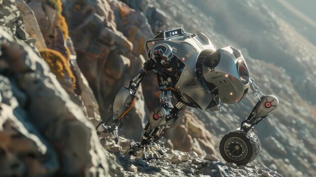 Photo a robotic figure navigating the rugged outdoor landscape showcasing advanced technology and exploration concepts