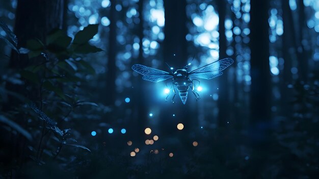 Photo robotic firefly emitting bioluminescent lightilluminating a mysterious dark forest landscape