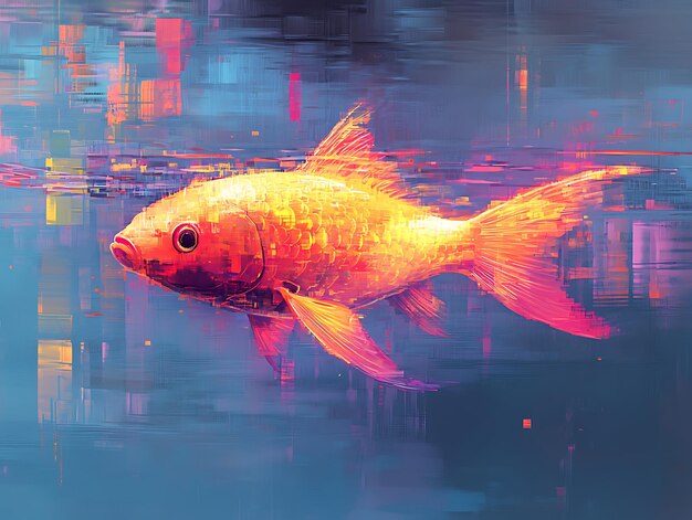 Robotic Fish Swimming Through Digital River Abstract Pastel Painting