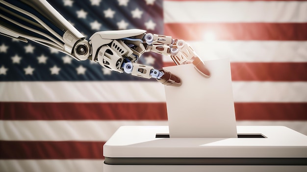 A robotic hand casting a vote in a ballot box with an American flag in the background