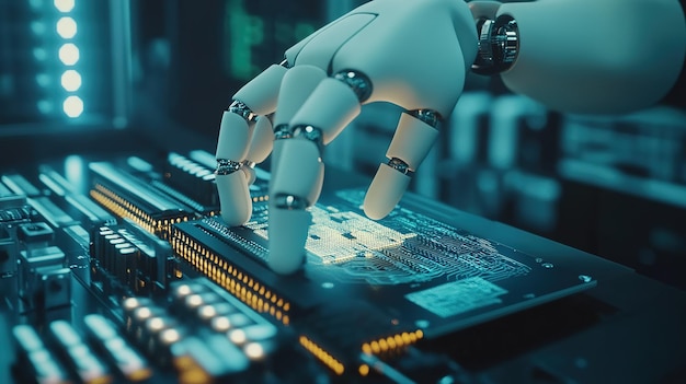 Photo a robotic hand delicately interacts with a circuit board in a hightech lab during a demonstration of advanced technology