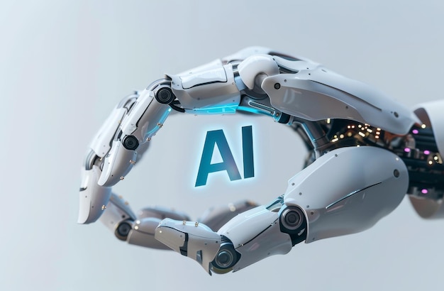 Robotic hand holding AI text symbolizing artificial intelligence and futuristic technology