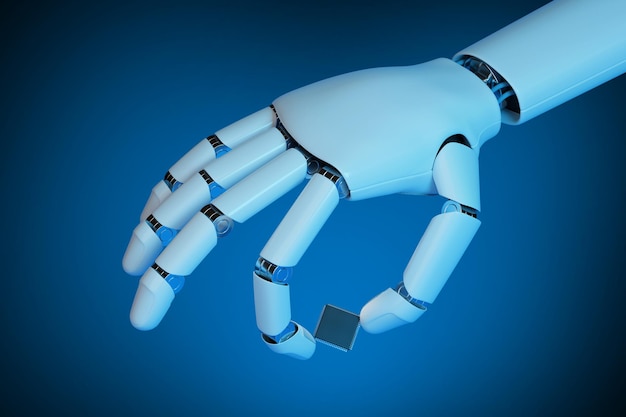 Robotic hand holding a microprocessor 3d illustration