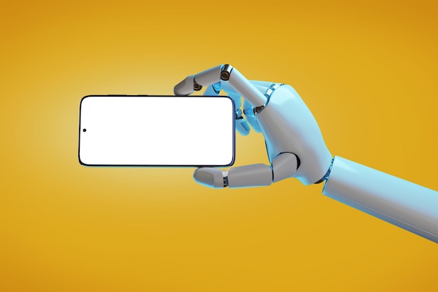 Robotic hand holding a mobile phone with a blank screen in horizontal orientation 3d illustration