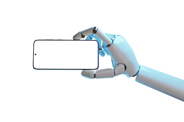 Robotic hand holding a mobile phone with a blank screen in horizontal orientation isolated on white background 3d illustration