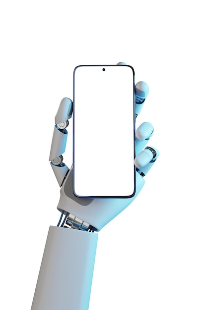 Robotic hand holding a mobile phone with a blank screen isolated on white background 3d illustration