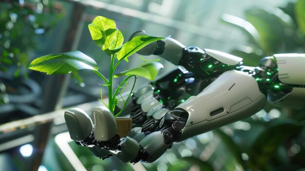 Photo robotic hand holding a plant