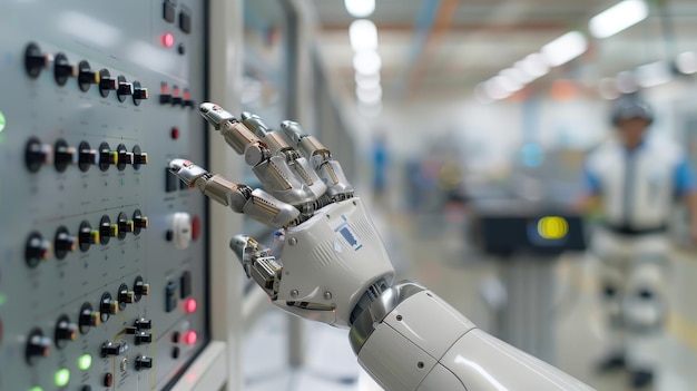 Robotic Hand Interacting with Control Panel in Industrial Setting