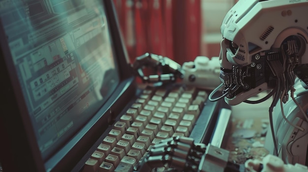 A robotic hand reaches towards a keyboard on a vintage computer