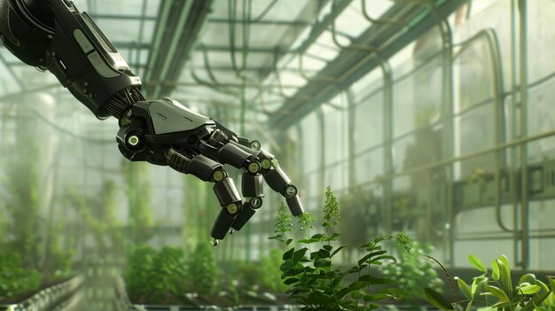 Photo a robotic hand tending to green plants in a greenhouse