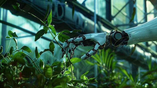 Photo a robotic hand tending to green plants in a greenhouse