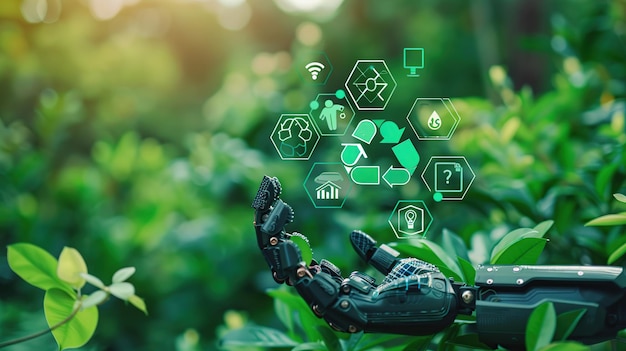 Photo robotic hand with green technology icons