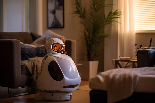 Robotic home assistant actively cleaning in a sleek and futuristic room showcasing advanced technol