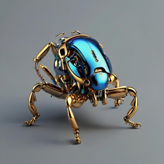 Photo a robotic insect with chrome metal parts featuring a blue iridescent body and golden circles