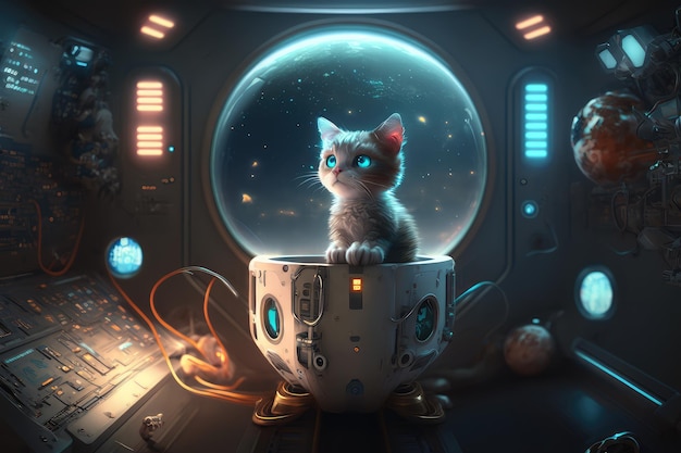 Robotic kitten exploring futuristic space station with glowing lights and futuristic design