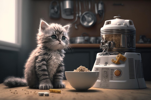 Robotic kitten on kitchen counter sitting next to plate of cat food