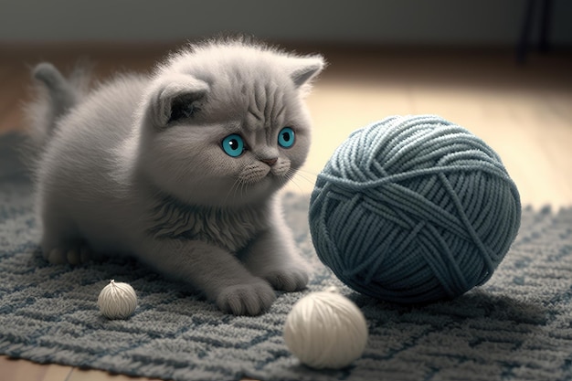 Robotic kitten playing with ball of wool on carpet