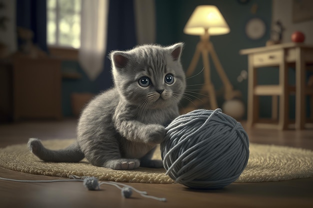 Robotic kitten playing with ball of yarn in living room