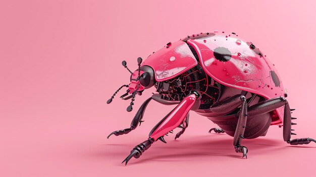 Photo a robotic ladybug in pink and black stands on a pink background