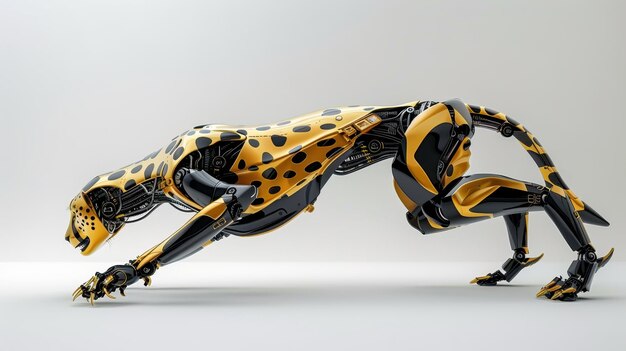 Photo robotic leopard in a dynamic pose on a white isolated background