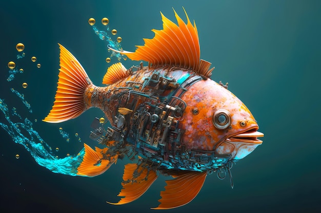 Robotic mechanical fish with orange fins depicted in water