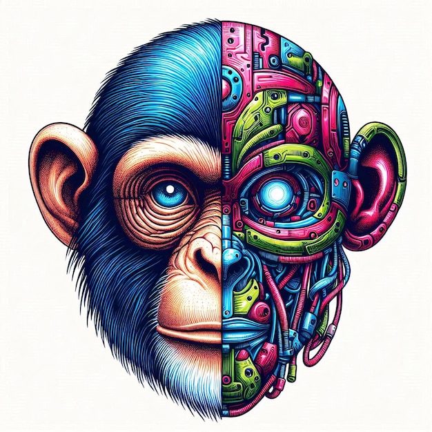 ROBOTIC MONKEY HEAD CYBORGE HALF ANIMAL HALF ROBOTIC ILLUSTRATION